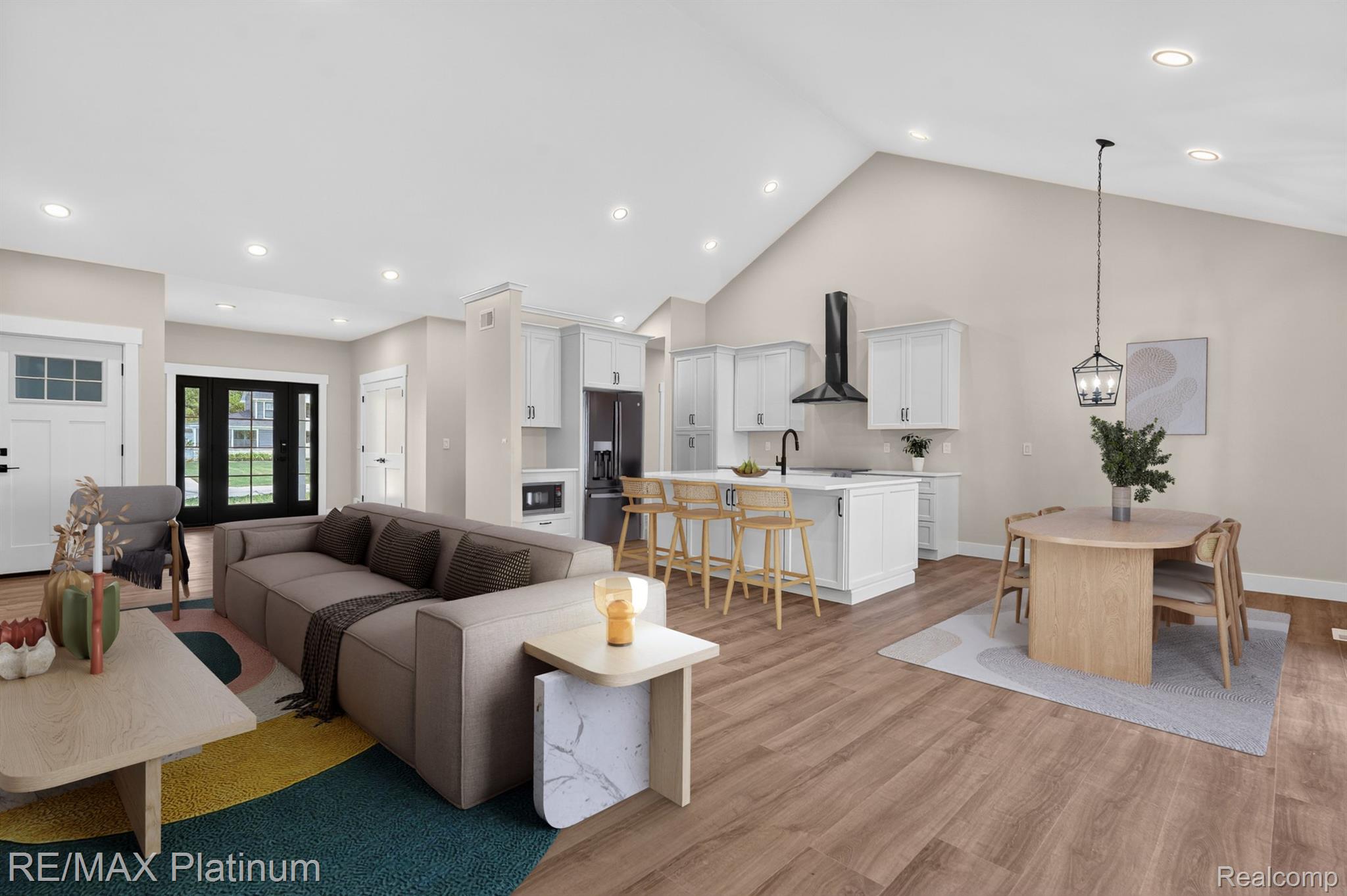 Virtually staged living and dining area